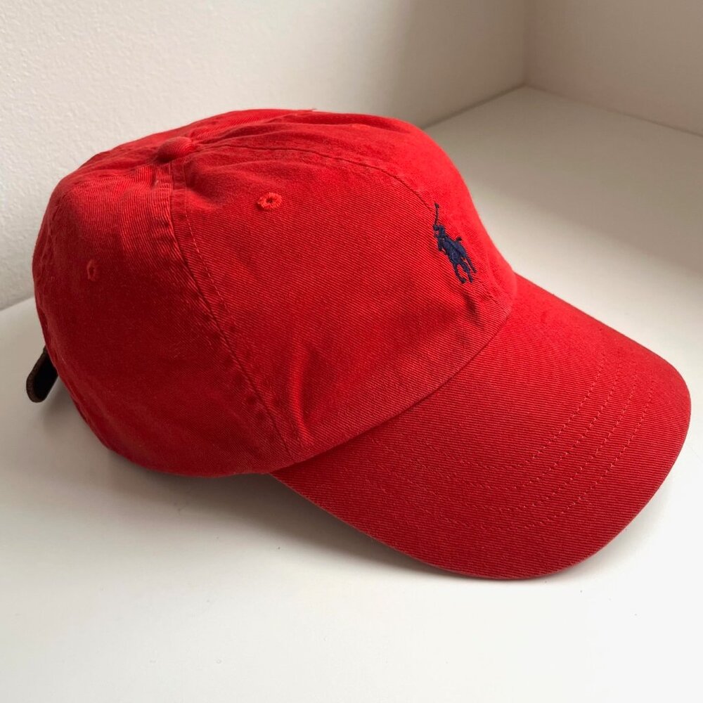 Vintage Polo Ralph Lauren Cotton Chino Ball Cap in Red/Blue with Leather Strap - Picture 5 of 8